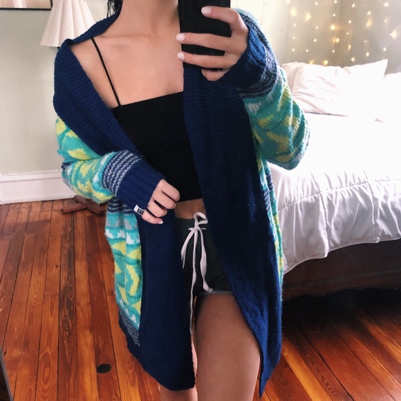 Roxy Sweaters - ROXY Long Blue Teal and Yellow Bright Cardigan